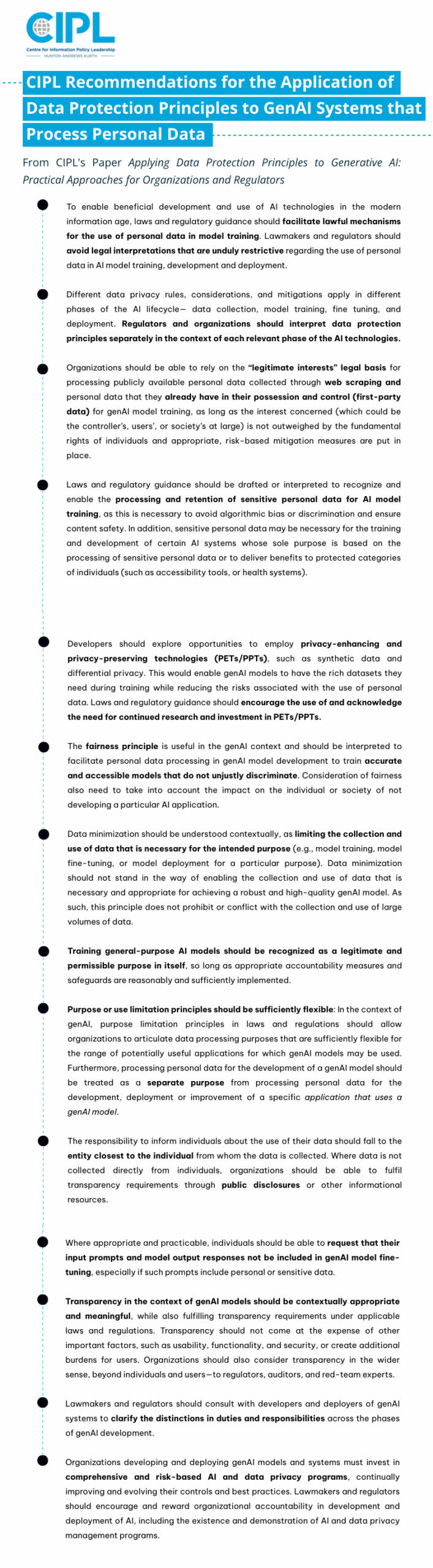 CIPL Recommendations for the Application of Data Protection Principles to GenAI Systems that Process Personal Data