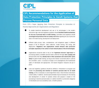 CIPL Recommendations for the Application of Data Protection Principles to GenAI Systems that Process Personal Data